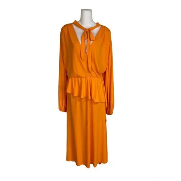 Plus Size 26, 4X Orange ELOQUII Dress Tie Neck Asymmetrical Peplum Long Sleeve - Picture 2 of 5